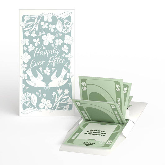 Happily Ever After Love Birds money holder showcasing pop-up design for weddings, available at stationery stores. Perfect greeting card gift.