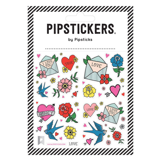 True Love Tattoo Stickers by Pipsticks with silver foil accents on a 4x4 sheet, perfect for sticker lovers. Available at stationery stores.