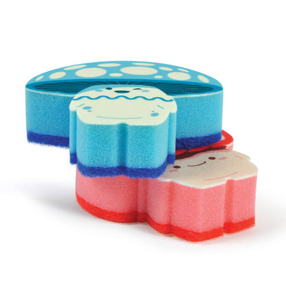 Fun Guys-2 mushroom sponges set, vibrant blue and pink layers, perfect for kitchen cleaning, available at stationery stores.