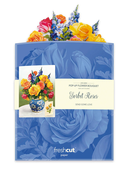 Sorbet Roses Pop-Up Greeting Card with colorful roses and snapdragons in a blue vase, perfect for stationery store gifts.