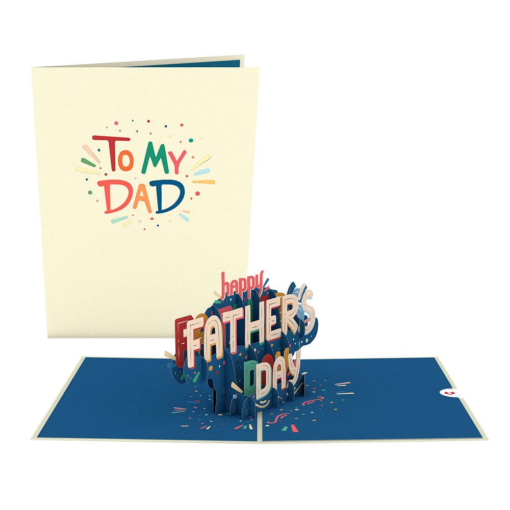 To My Dad: Happy Father's Day 5x7 Pop-Up Card with colorful letters, confetti, and 3D design from a stationery store.