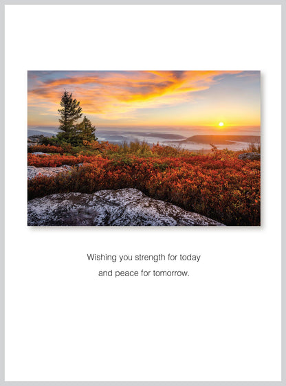 Alt Tag: Wishing Sympathy All Occasion Greeting Card with scenic sunset image, available at stationery store. Eco-friendly, made in USA.