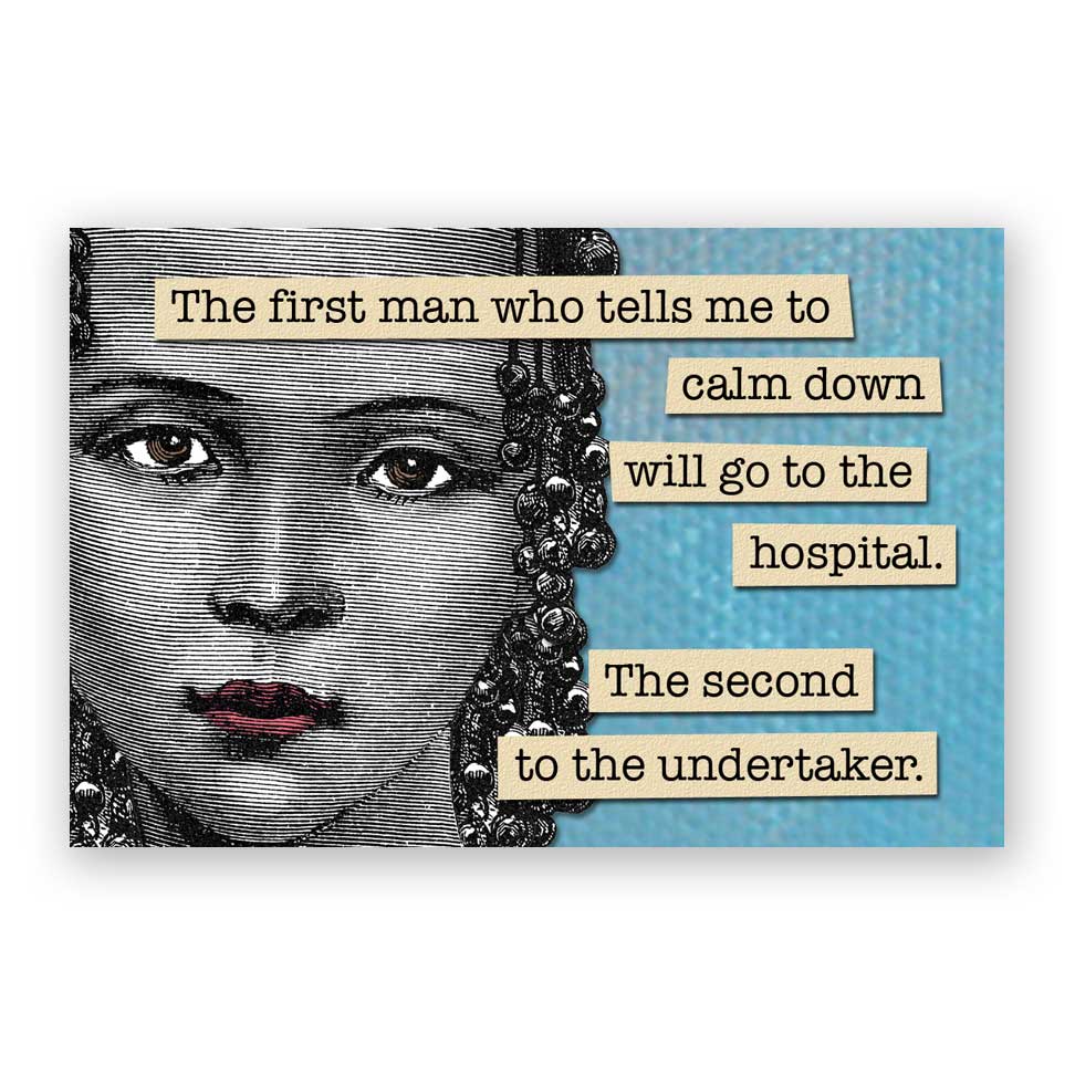 Calm Down Magnet featuring vintage illustration with humorous text, available at stationery store. Refrigerator magnet 2.125 x 3.125 inches.