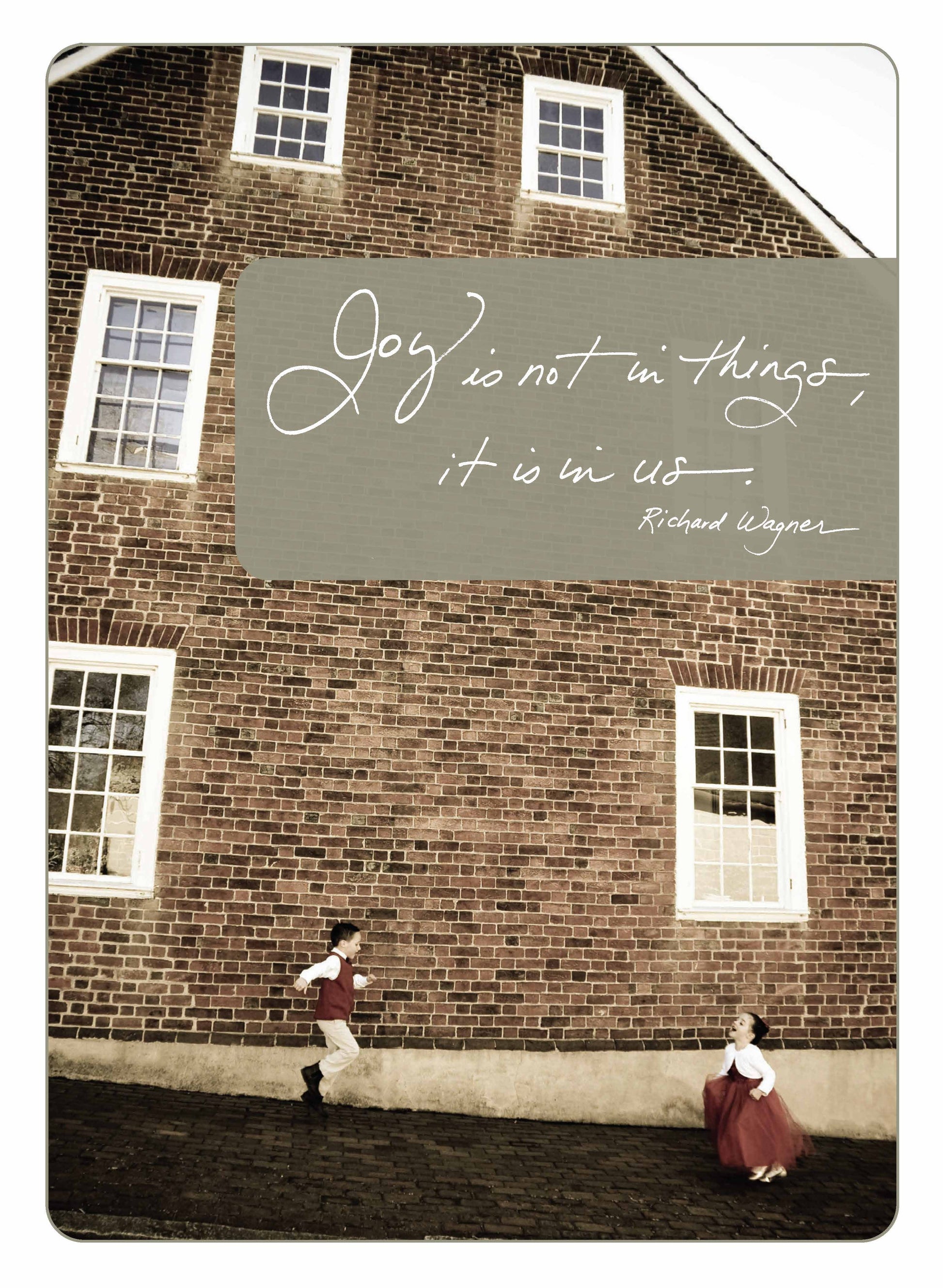 Anniversary card with quote "Joy Is Not in Things, it Is in Us" by Richard Wagner, available at stationery store.