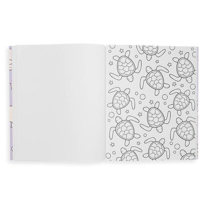 Open Color-in' Book: Outrageous Ocean showing turtle designs, perfect for kids. Available at stationery stores. Perforated for easy framing.