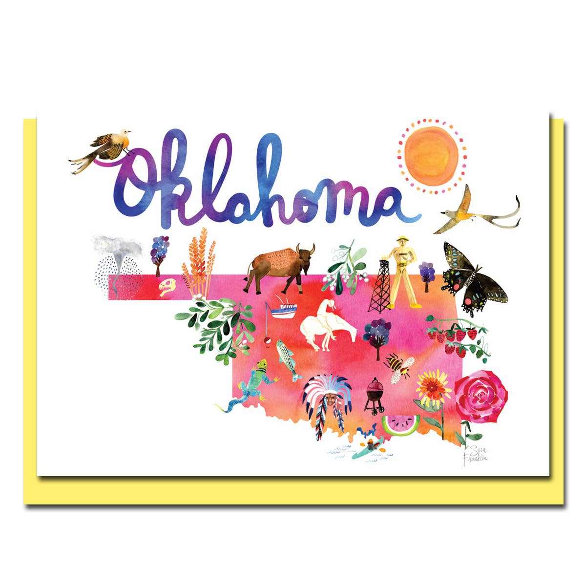 Watercolor Oklahoma map card with vibrant state icons, paired with a butter yellow envelope, perfect for stationery store collections.