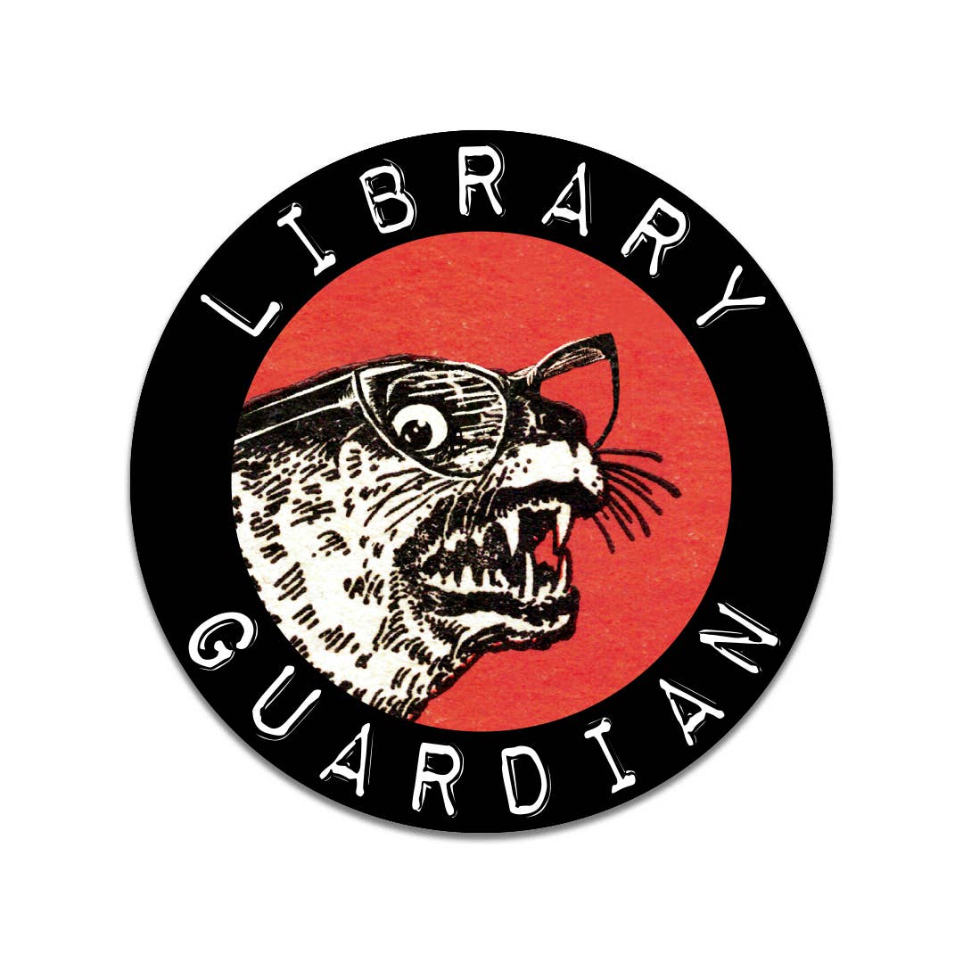 Library Guardian vinyl sticker with animal design, 2.625" weatherproof. Sold at stationery store, made in USA.