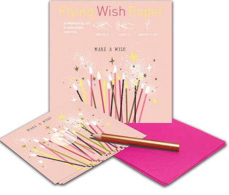 MAKE A WISH BIRTHDAY mini kit with 15 wishing papers for stationery store, featuring magical design and pink envelopes.