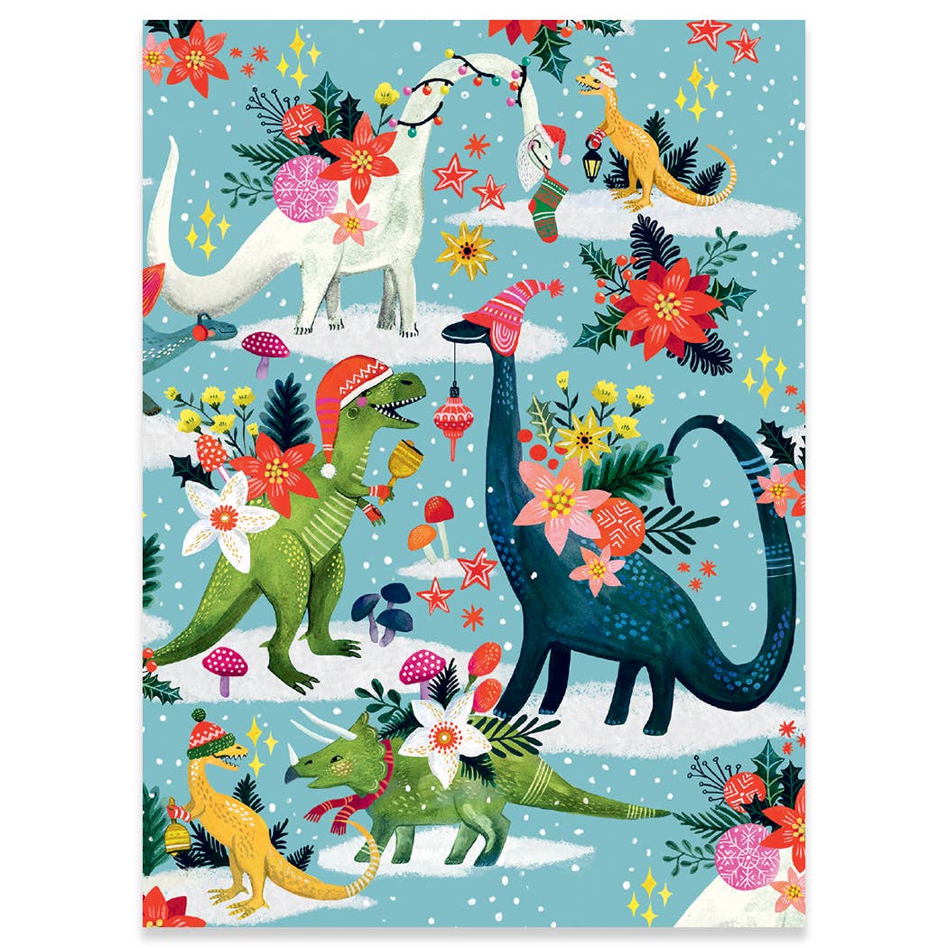 Whimsical dinosaurs in festive hats on holiday cards by Miriam Bos for Carte, available at the stationery store.