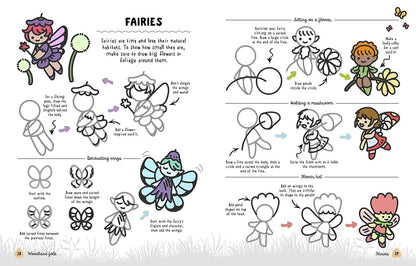 Illustrated guide on how to draw cute fairies from 'How to Draw Cute Woodland Friends' by Angela Nguyen. Available at stationery stores.