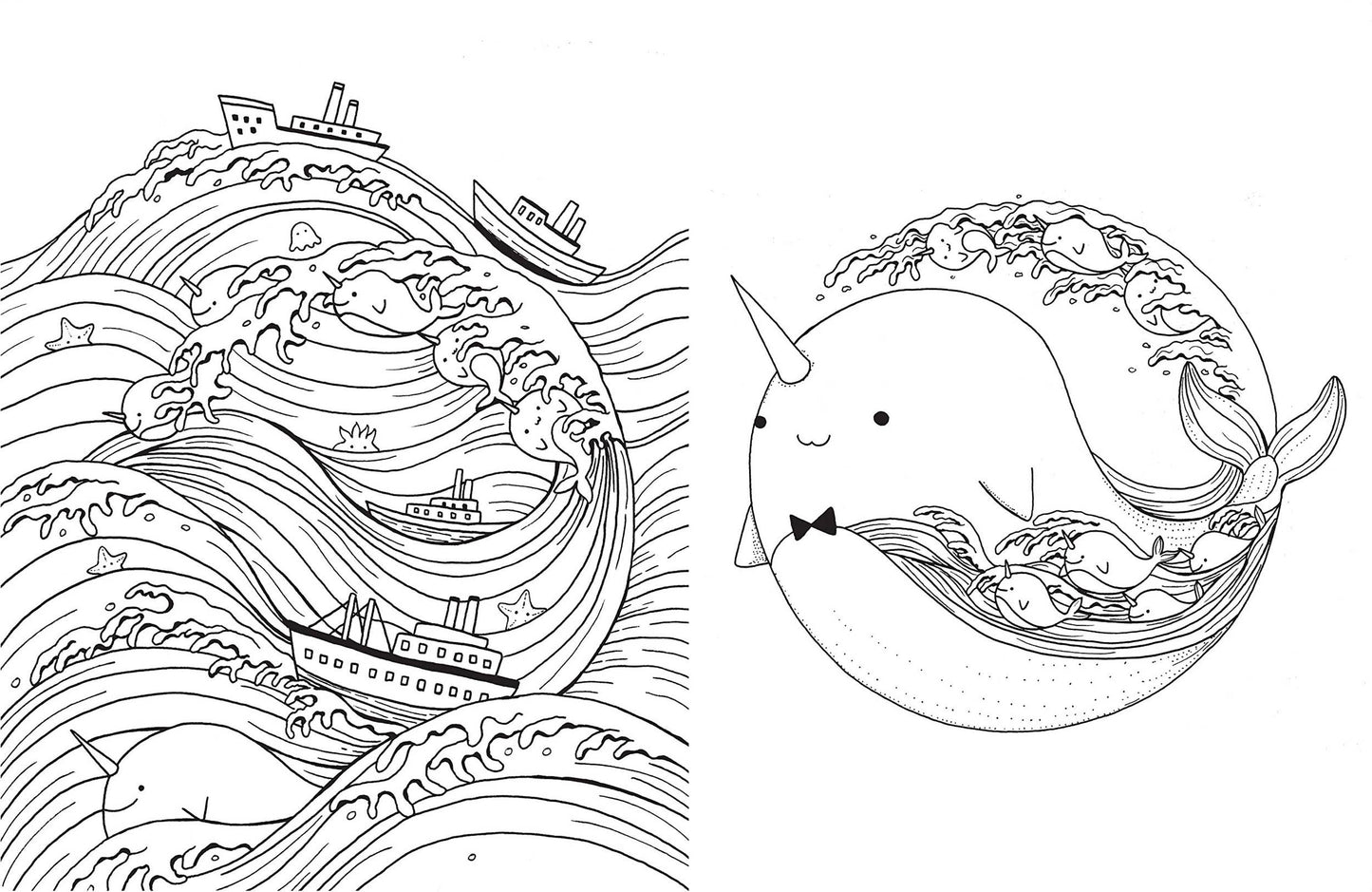 A Million Unicorns Coloring Book illustration featuring narwhals and ships in waves; available at stationery stores.