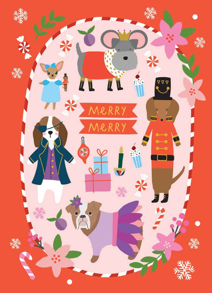 NUTCRACKER DOGS holiday card by Natalie Alexander. Festive dog illustrations with "Merry Merry" banner. Stationery store product.