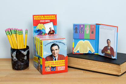 Mister Rogers Neighborhood Sticky Notes with iconic characters, perfect for stationery stores. Features Daniel Tiger and King Friday XIII.