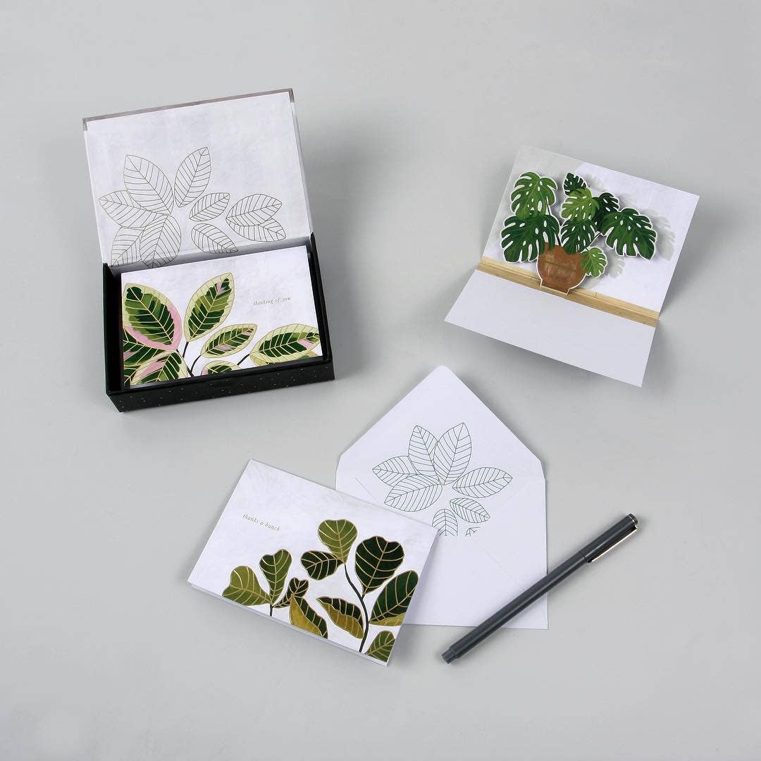 Potted Plants Pop-Up Card set with envelopes, featuring die-cut designs and gold foil. Unique stationery available at stationery store.