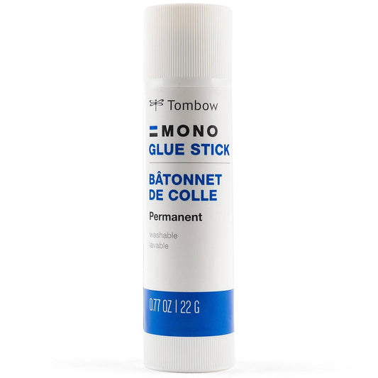 MONO Glue Stick 0.77 oz on a white background, perfect for stationery store use with strong bond and quick-drying features.