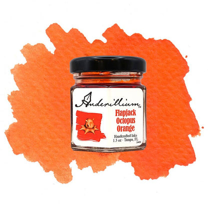 Anderillium Ink Flapjack Octopus Orange 1.5 oz bottle in sealed glass, handcrafted in the US, perfect for stationery stores.