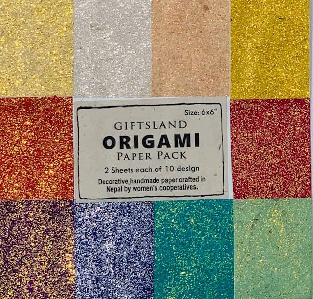 Eco-Friendly Handmade Glitter Origami Paper Pack by Giftsland, crafted in Nepal. Perfect for stationery stores and creative projects.