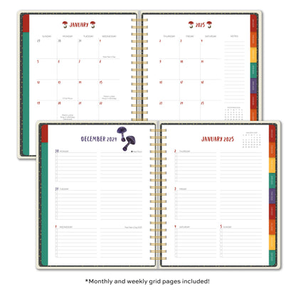 Open pages of the 2025 Mushrooms High Note Deluxe Planner featuring monthly and weekly grids for December 2024 and January 2025.