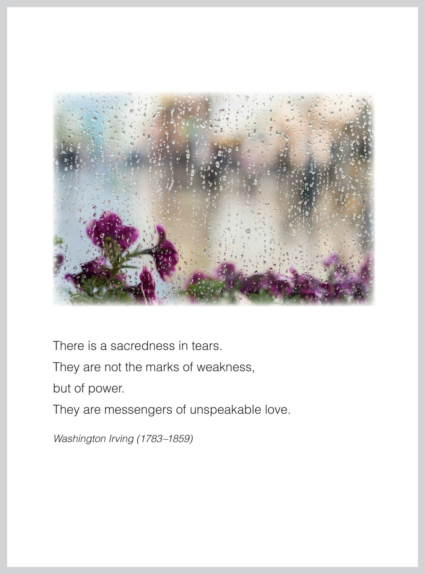 Sympathy Greeting Card with quote by Washington Irving, featuring raindrops and flowers, perfect for stationery store collections.