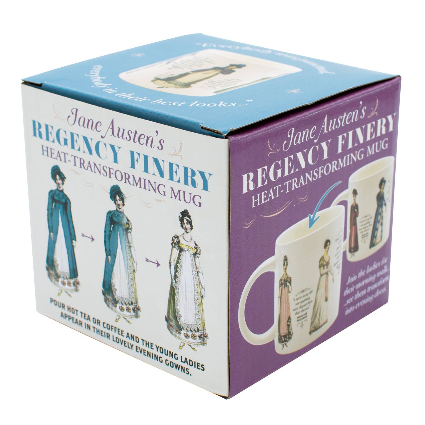 Jane Austen Regency Clothing Heat-Changing Mug packaging showcasing morning to evening attire transformation, ideal for a stationery store.