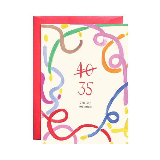 Alt Tag: Thirty-five Again 40th Birthday Greeting Card with colorful illustration, available at stationery store, blank inside, made in NYC