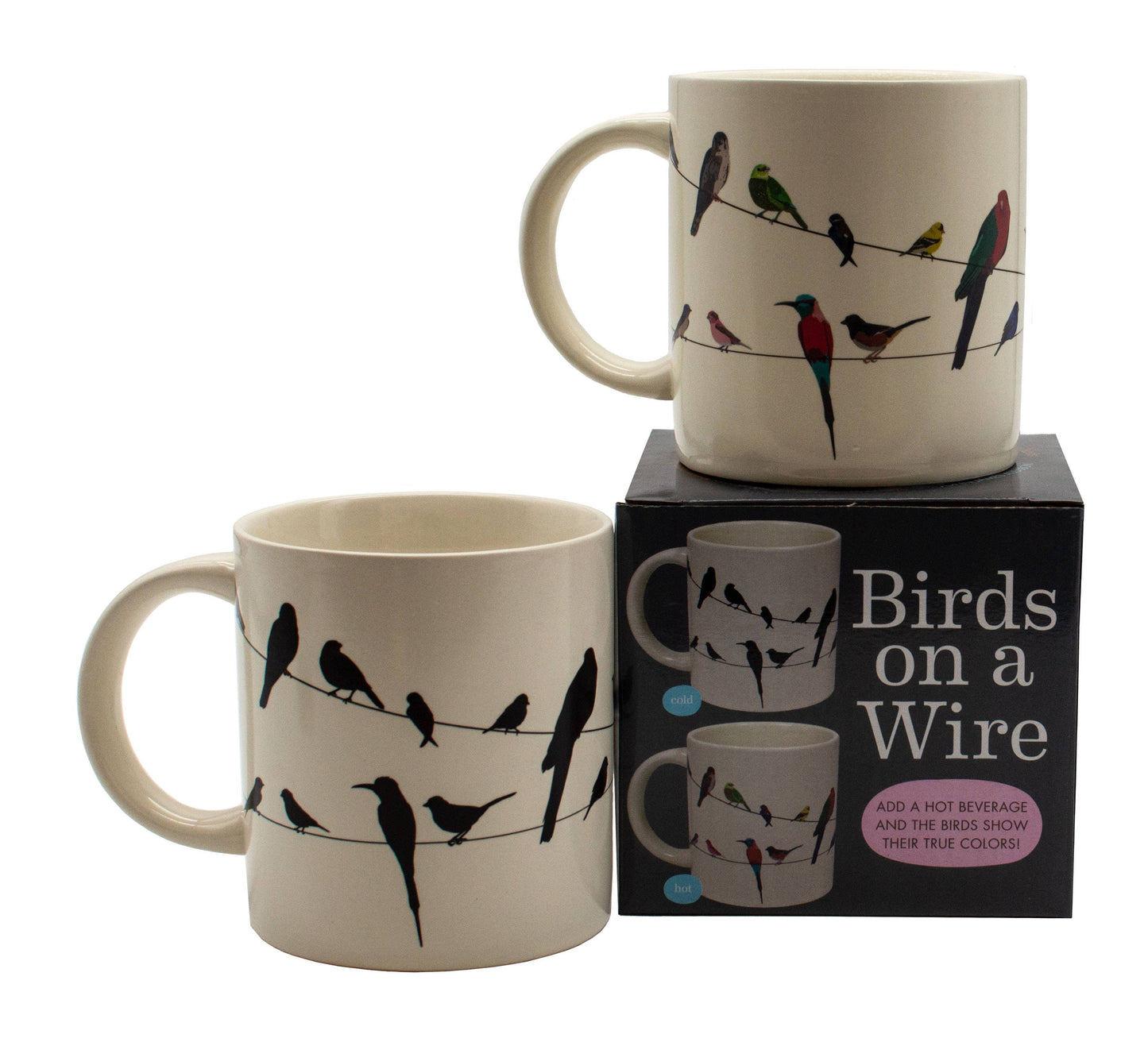 Birds on a Wire Heat-Changing Coffee Mug with box, silhouettes and colorful birds, perfect gift from stationery store.