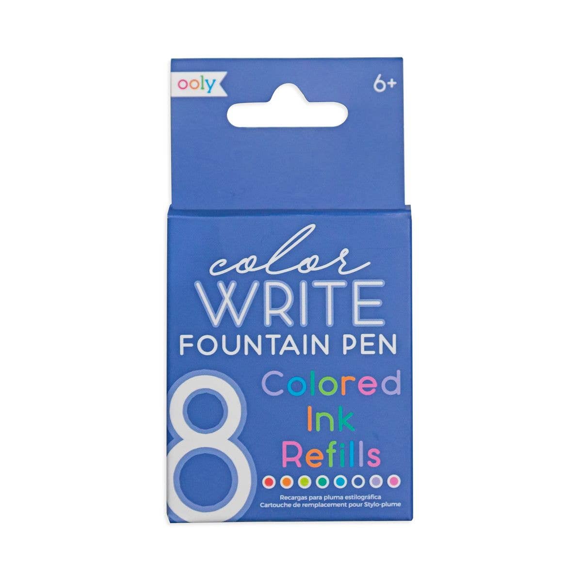 Alt Tag: Color Write Fountain Pen Colored Ink Refills box, featuring 8 vibrant ink cartridges for OOLY pens, suitable for stationery store display.