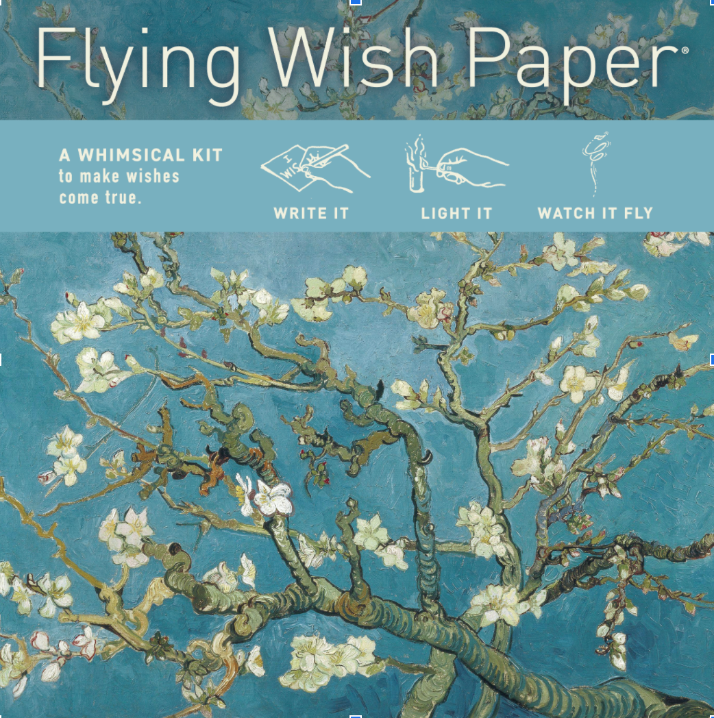 Flying Wish Paper Mini Kit with Van Gogh Almond Blossoms design, stationery store product, includes wishing papers and accessories.