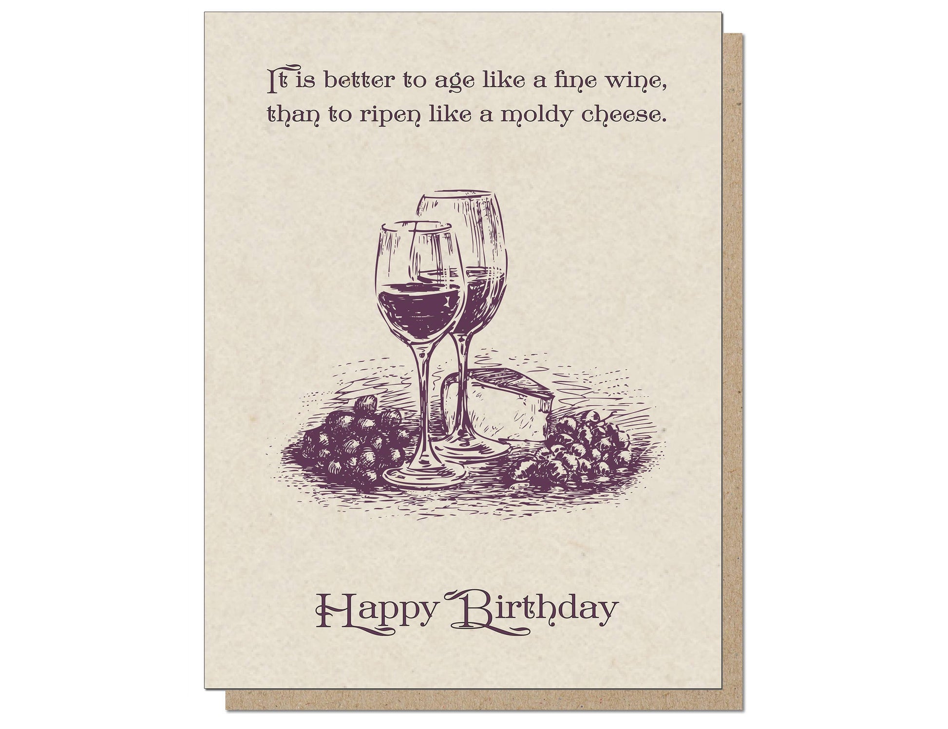 Fine Wine Birthday Card with purple wine glass illustration, humorous text, and recycled kraft envelope, available at stationery store.