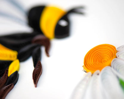 Handcrafted Bumble Bee card design with a bee near a daisy. Perfect spring stationery from our stationery store collection.