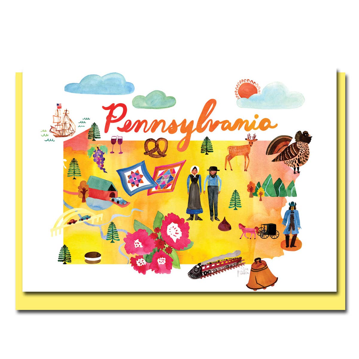 Watercolor map card featuring colorful illustrations of Pennsylvania with yellow envelope, available at stationery store.