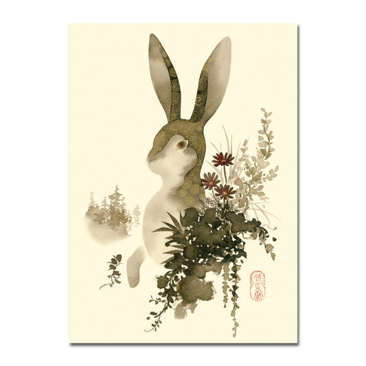 Golden Bunny Foil Blank Card featuring a suibokuga painting by Tadashi Ura, embossed with gold foil, available at stationery store.