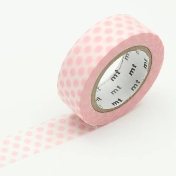 Pink Washi Tape Dot Strawberry Milk by Mt, Japanese stationery store, easy-to-tear, repositionable on surfaces, ideal for crafts and decor.