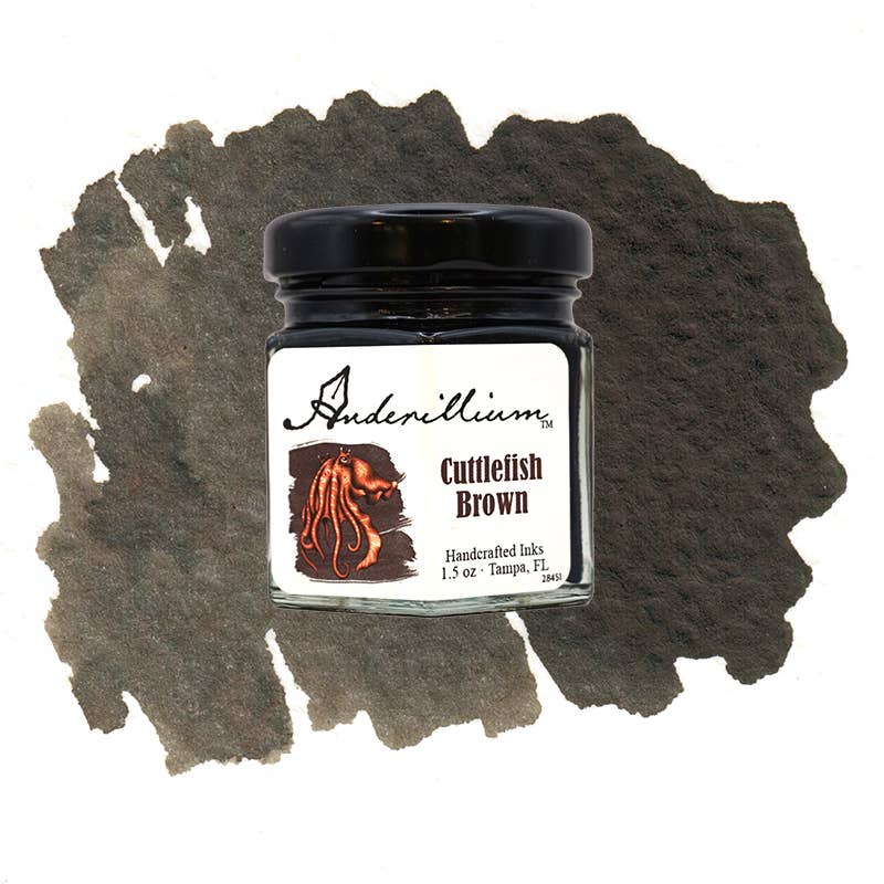 Anderillium Ink Cuttlefish Brown 1.5 oz fountain pen ink bottle on brown ink background, perfect for stationery stores.