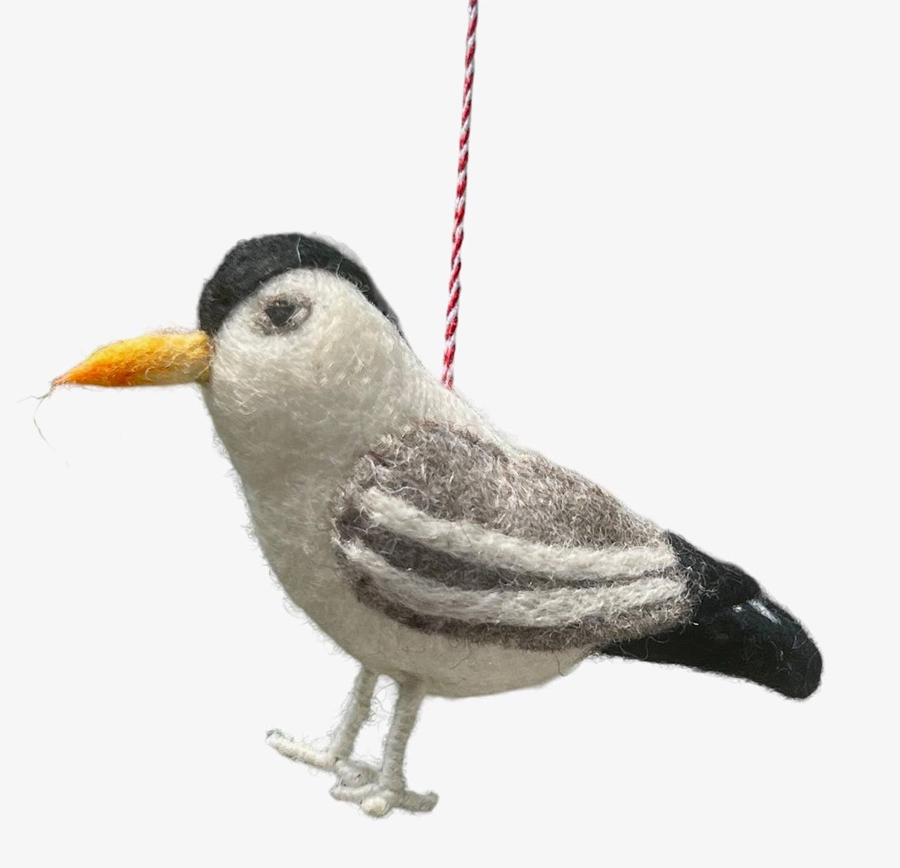 Felt seagull ornament in grey and black, handmade in Nepal, unique artistry for stationery store décor or gifts.