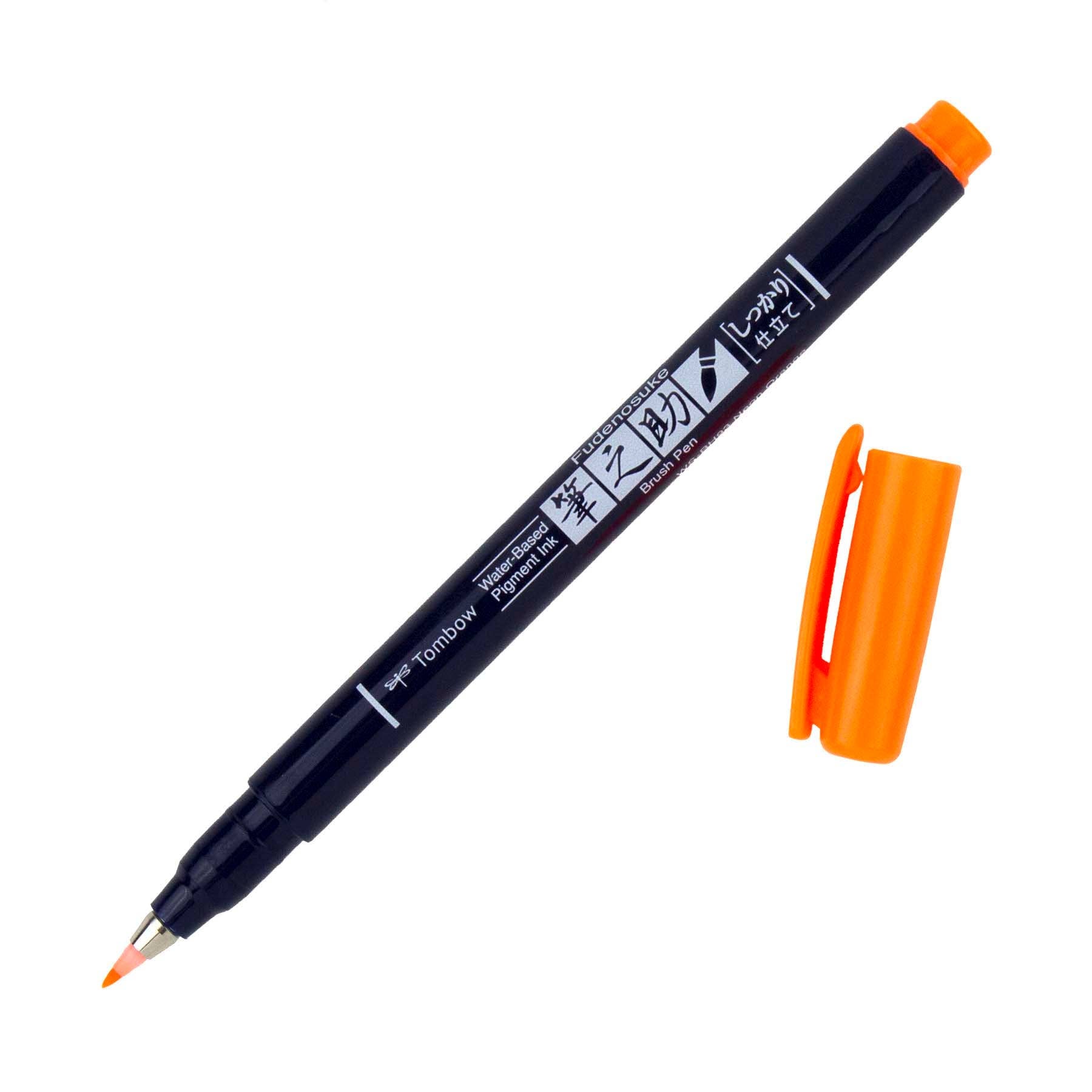 Fudenosuke Calligraphy Brush Pen with hard tip, black barrel, orange cap, perfect for hand lettering, available in stationery stores