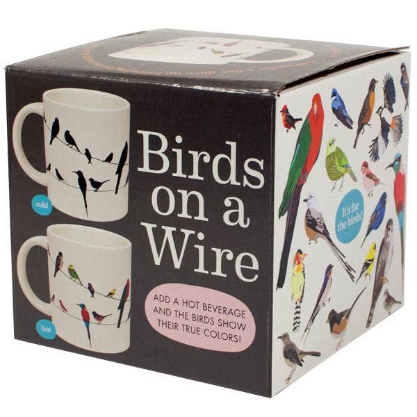 Birds on a Wire Heat-Changing Coffee Mug packaging showing color-changing bird designs, available at stationery stores.