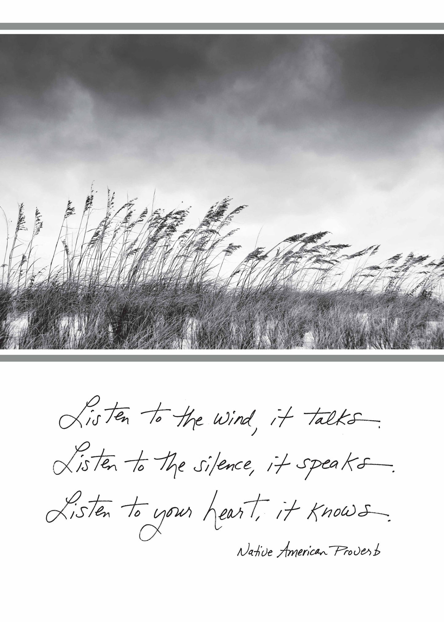 Native American proverb card featuring windy landscape; "Listen to the Wind" theme; available at stationery stores. Comforting message inside.