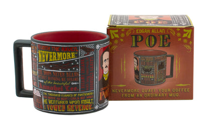 Edgar Allan Poe Quotes Coffee Mug with box, featuring Poe's likeness and quotes, perfect for any stationery store.