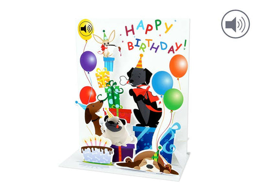 Alt Tag: Mutt Party pop-up birthday card with sound, featuring playful dogs and balloons. Perfect gift from a stationery store.