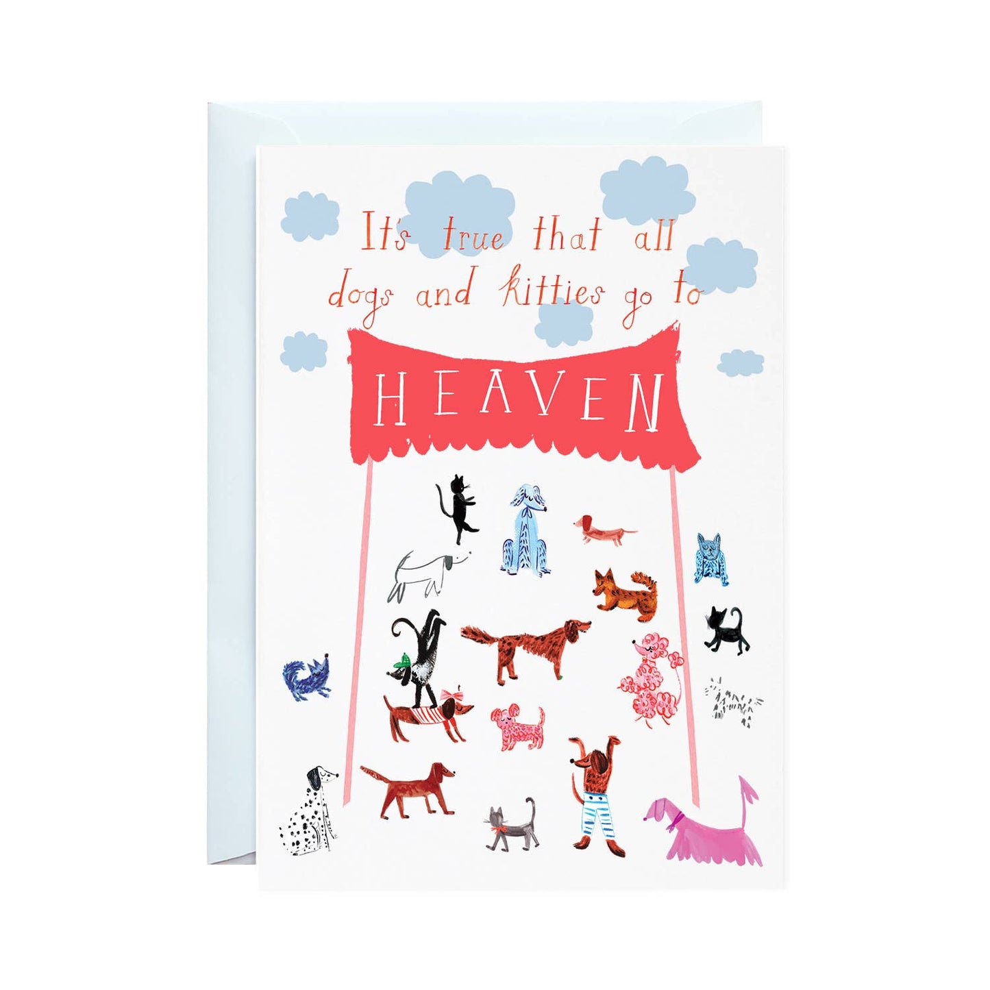 Sympathy card 'Doggies in Heaven' with hand-drawn illustration, available at stationery store; printed in New York City.