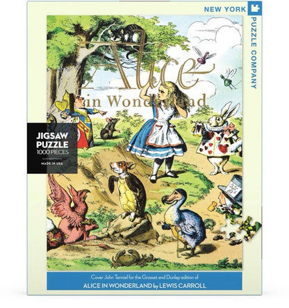 Alice in Wonderland 1000 Piece Jigsaw Puzzle featuring Victorian fantasy characters, available at stationery stores, made in USA.