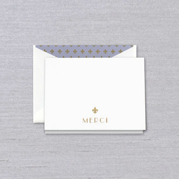 Engraved Merci Thank You Note on Pearl White Kid Finish Paper