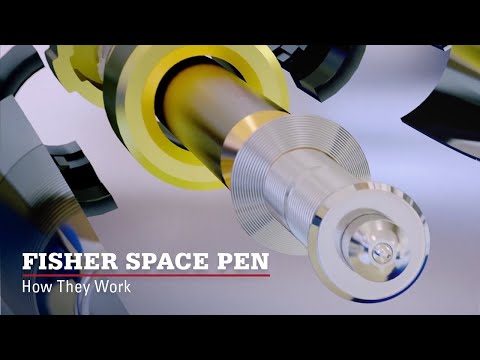 Close-up of Fisher Space Pen mechanism, showcasing precision engineering in a stationery store product. "How They Work" text included.