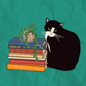 tuxedo cat & books sticker