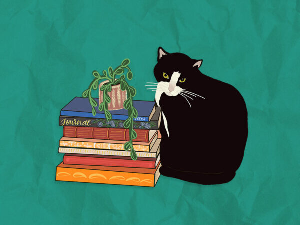 tuxedo cat & books sticker